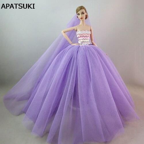 Purple Patchwork Romantic Doll Dress For Barbie Doll Clothes Long Tail Evening Gown Wedding Dress + Veil 1/6 Doll Accessories