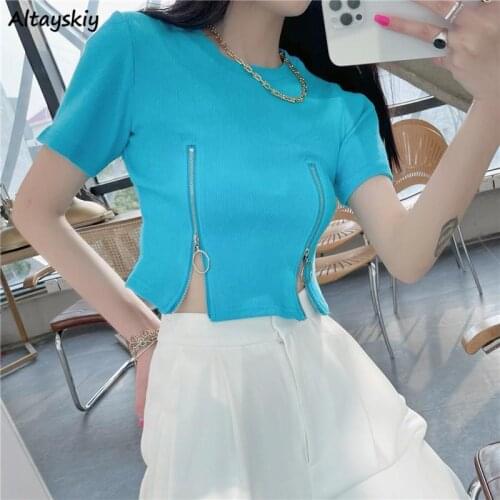 T-Shirts Women Solid Summer Hot Ladies Tops Casual Simple Fashion Students Korean Style Retro Chic All-match Popular Streetwear