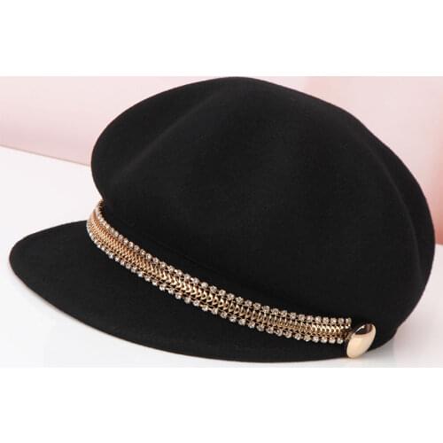 H273 Fall Winter Wool Beret Hat Women Diamond Chain Berets Cap Female Girl Korean Fashion Pure Color Newsboy Outdoor Casual Hats