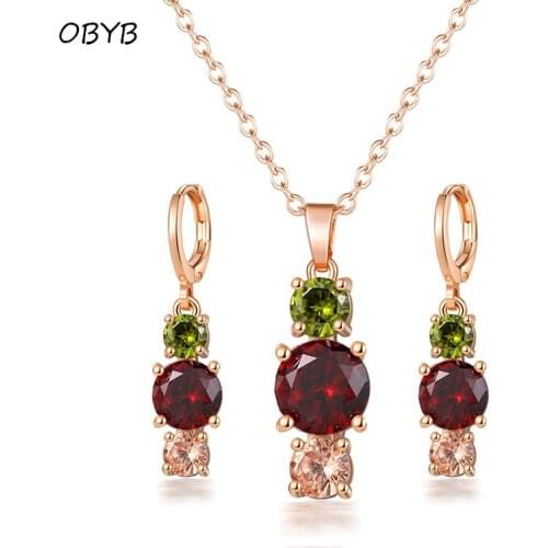 Hot Sale Color Crystal Fashion Jewelry Sets Cubic Zircon Statement Necklace & Earrings Wedding Party Jewelry for Women Gift