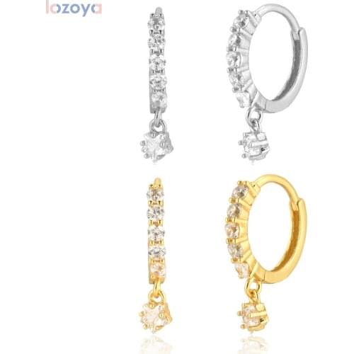 LOZOYA 100% 925 Sterling Silver Star Ohrringe Wedding Zircon Circle Pendiente Drop Earring Loops Piercing Party Jewelry