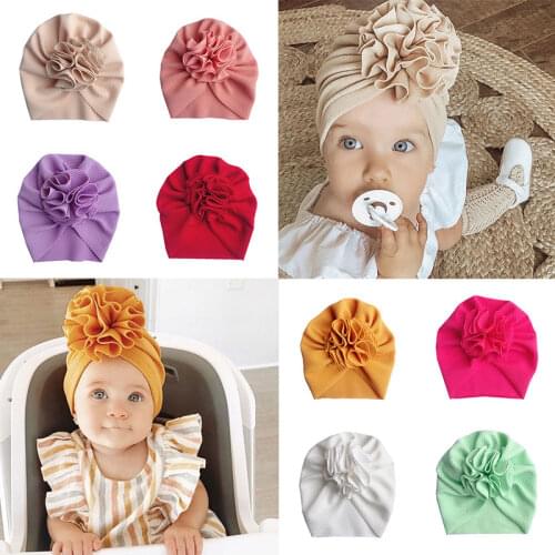 2021 Fashion Flower Baby Hat Newborn Elastic Baby Turban Hats for Girls Solid Colors Cotton Infant Beanie Cap Headwear Muslim