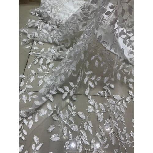 Fashion and shining glued glitter african tulle mesh fabric with beads SYJ-98915 for bridal dress