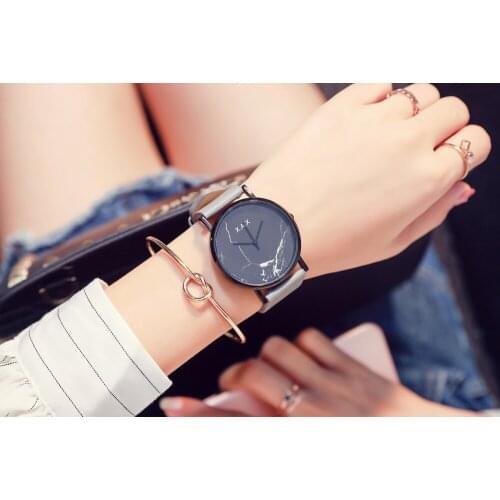 Fashion Women Marble Watch Black Face Grey Leather Band. Gift Wrist Watch Hours