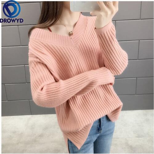 Fashion V-neck Sweater Womens Winter Fashion Ladies Pink Knitted Clothes 2021 Autumn Popular American Stripe Straps Cotton Tops