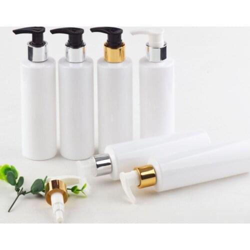 Wholesale 200pcs/lot high quality 200ml empty PET white bottle with aluminum gold/silver screw pump