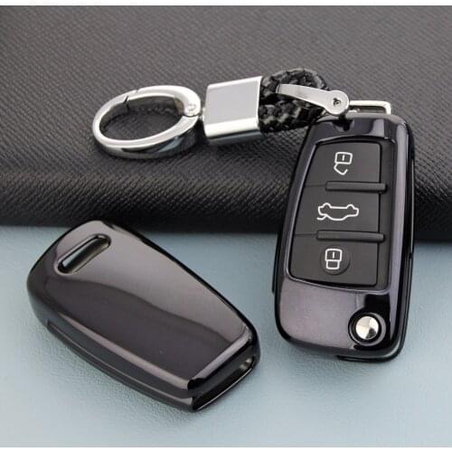 Flip Car Key Fob Case Cover Holder Chain Ring For Audi A1 A3 S3 Q3 Q7 TT Accessories Black