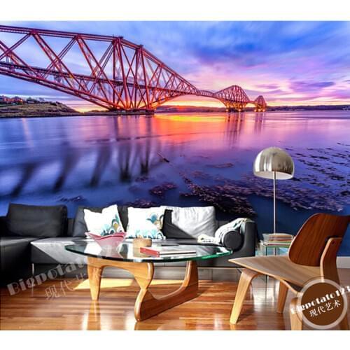 Custom 3D murals, the lake bridge building under colorful fantasy purple sky, living room sofa TV bedroom background wallpaper