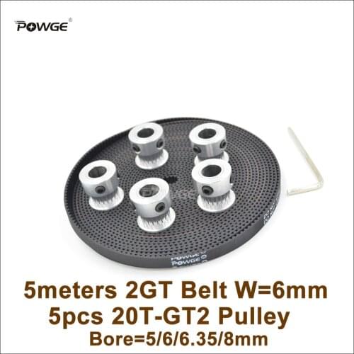 POWGE 5pcs 20 Teeth GT2 Timing Pulley Bore 5/6/6.35/8mm + 5M GT2 Timing Belt Width 6mm 20Teeth 20T 2GT Pulley 3D Printer Parts