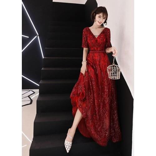 Luxus Bling Burgund V-ausschnitt Abendkleider 2019 Backless Prom Formalen Kleid Frauen Elegante Abend Lange Kleider