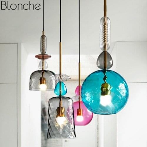 Nordic Stained Glass Pendant Lights Modern LED Hanging Lamp Candy Luminaire for Dining Room Kitchen Home Decor Fixtures E27