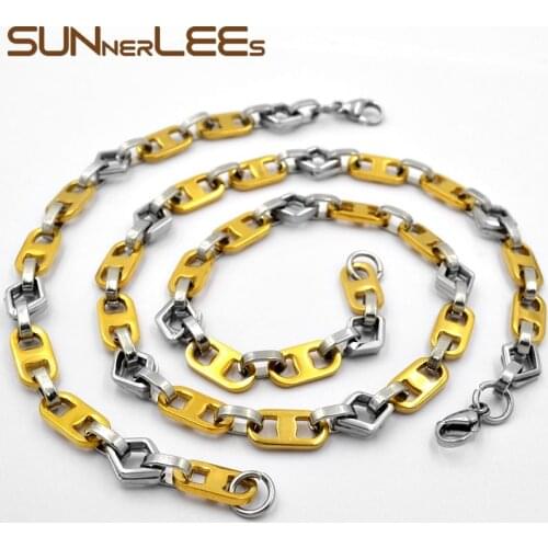 SUNNERLEES Jewelry Stainless Steel Necklace Bracelet Set 8mm Geometric Link Chain Silver Color Gold Plated Men Women SC139 S