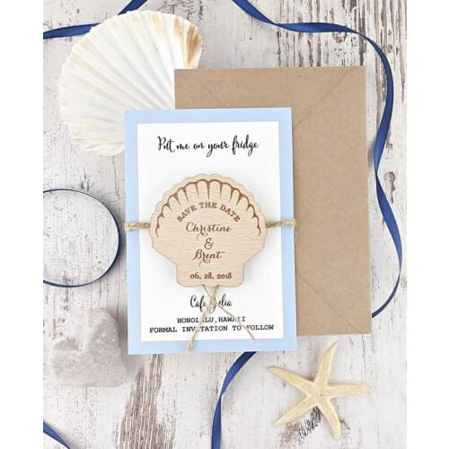 Custom seashell beach Wedding invitation cards with wooden Save the Date Magnets engagement Announcement party favors gifts