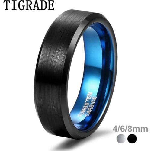 Tigrade Men Tungsten Ring 4/6/8mm Black Man Rings Women Finger Band Blue Inside Cool Ring Classic Wedding Band Engagement