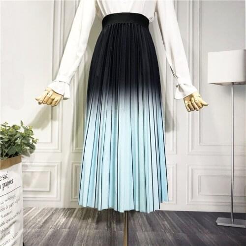 2021 Women Spring Gradient Print Skirt Long Pleated Elegant Prom Autumn Skirt Female