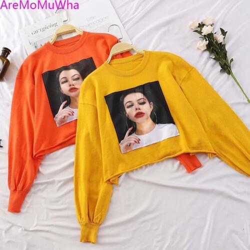 AreMoMuWha New Spring Autumn Fashion Print Character Sweatshirts Women Casual O-Neck Knitted Pullovers Slim Short Coat Tops Mh81