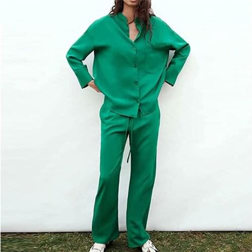 Solid Womens Long Sleeve Shirts Pants Set O-neck Single Breasted Lace Up Trousers Suit Female 2021 Autumn Ladies Casual Sets