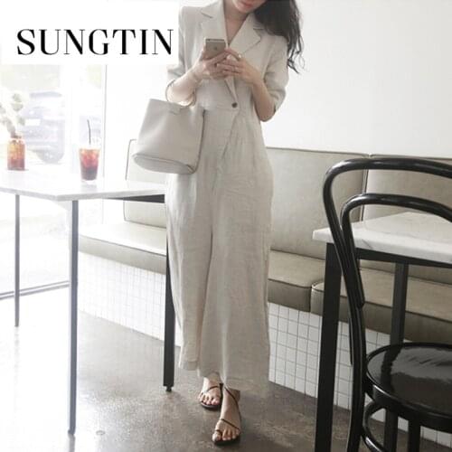 Sungtin Linen Short Sleeve Ankle Length Loose Jumpsuit Women Casual Sashes Wide Leg Rompers cozy Summer Thin High Waist Jumpsuit