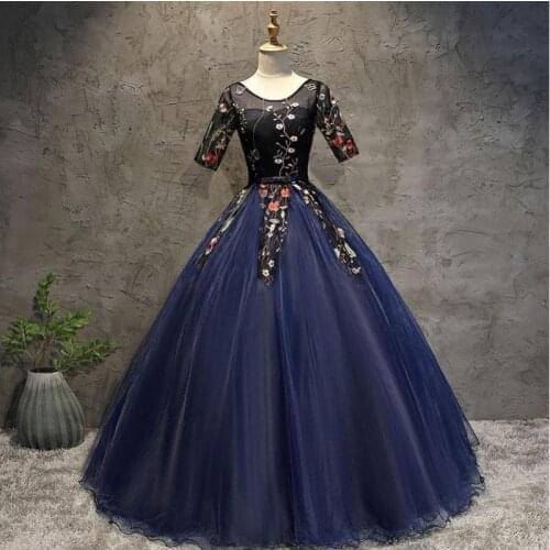 Elegant O Neck Vintage Quinceanera Dresses Navy Blue Half Sleeve Sweet Embroidery Party Debutante Dresses Vestidos