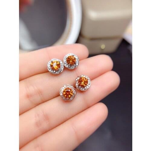 2021 newest style natural citrine stud earrings for women jewelry real 925 silver gold plated round gem small and good earrings