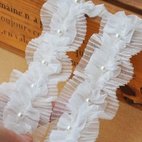 White/ Black Chiffon Ruffled Gauze Lace Trim with Fake Pearl 4.5cm Wide - Free Shipping