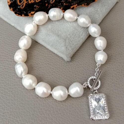 YYGEM natural White Rice Freshwater Pearl strand Bracelet Rectangle Cz Pave Toggle Clasp office style for women