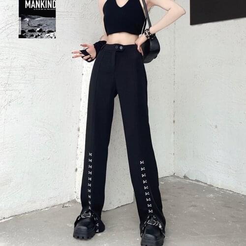 Summer Western Harajuku Straight Wide Leg Solid Elastic Women Pant Casual Fashion Dark Street Loose High Waist Split Female Pant