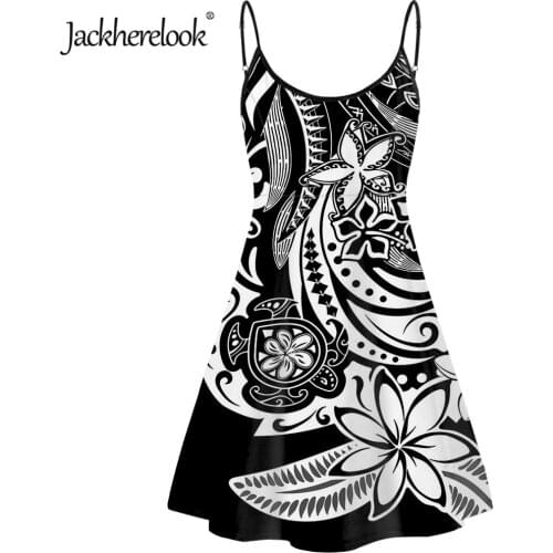 Jackherelook Spaghetti Strap Black Dress for Teen Girls Hawaii Turtle Polynesian Tribal Hibiscus Print Women Harajuku Sumdress