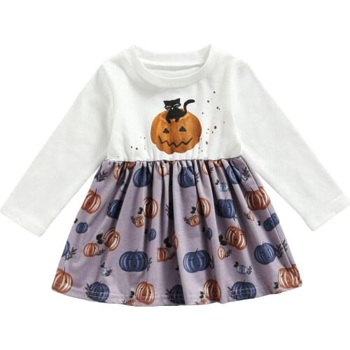 Toddler Kids Princess Dress Baby Girls Halloween Pumpkin Print O-Neck Long Sleeve Dresses for Autumn 6 Month-4 Years