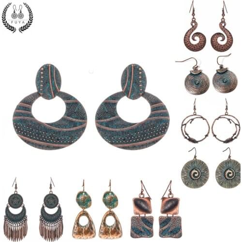 Exaggerate green metal alloy earrings for women Vintage leaf tassels earring Bohemia dangle drop moon flower branche big jewelry