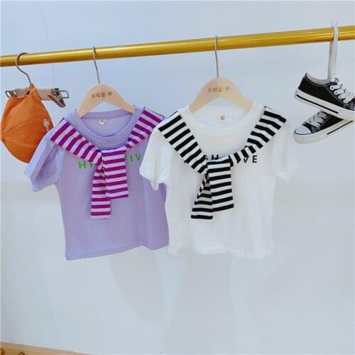 Toddler Girls T-shirts Casual Korean Stripe Stitching Short Sleeves Tops for Boy Kids Clothing Summer Baby Children Tees 2020