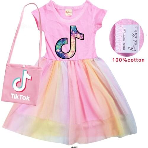 Summer Tik Tok Girls Cotton T Shirt + Print bag Gauze Patchwork Dress Children Girl Home Party Casual Clothes Dresses