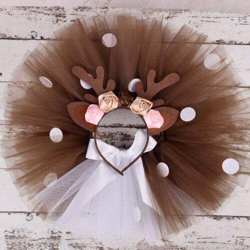 Deer Brown Fluffy Tutu Skirt for Girls Baby Birthday Party Polka Dots Skirt Halloween Costume Reindeer Costumes