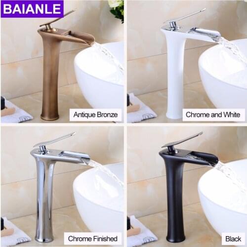 Deck Mounted Bathroom Antique Bronze Waterfall Faucet Basin Mixer Tap Single Hole Single Handle Black Brush Chrome Finished