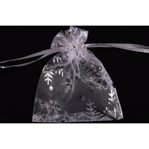 Wedding Gift Bags, Jewelry Pouches,Small Candy Bags Snowflake Print White Drawable Organza Bags