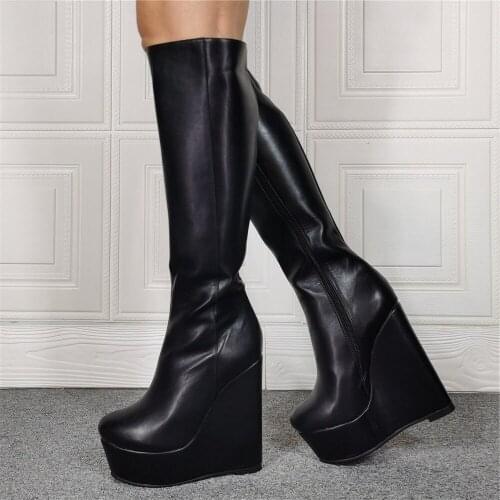 2021 Winter New Dress Shoes Boots Solid Sky Wedge High Heel Boots Knee High Calf Boots Womens Platform Big Size 47