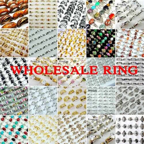 Wholesale 50Pcs /Lots Mix Style Vintage Carved Flower Silver Gold Plated Jewelry Rings Woman Size Female Jewelry Multiple Styles