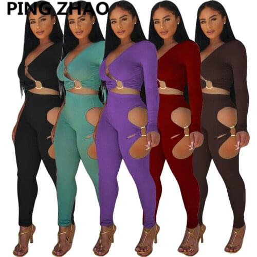 PING ZHAO Sexy Women Two Piece Set Autumn Knitting Long Sleeve Cut Out Tops and Pants Suits Tracksuit