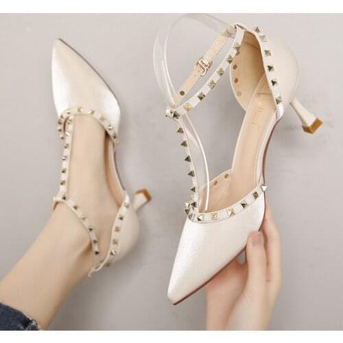 Luxury Women Pumps 2021 High Heels Sexy Pointed Toe Sandal Buckle Strap Wedding Party Rivets Mary Janes Shoes For Lady Size