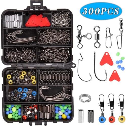 300Pcs/Box Fishing Accessories Tackle With Worm Hooks Baitholder Hooks Duo Lock Snaps Barrel Swivels Split Rings Space Bean