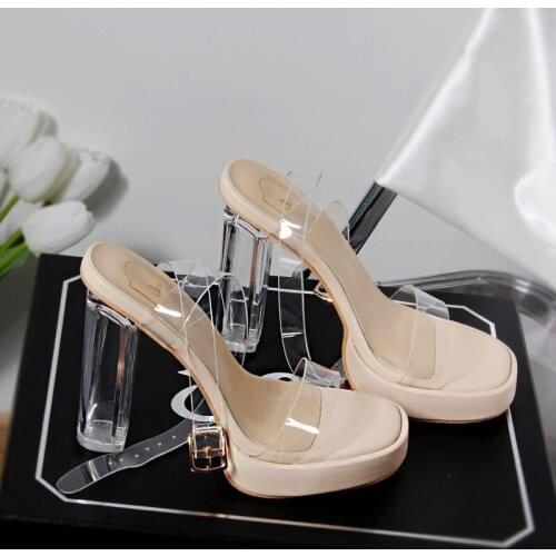 Ankle Strap Thick Square Heels Shoes Transparent PVC Woman Sandals Plus39 Ladies Thick-soled Clear Sandals Zapatillas Mujer Casa