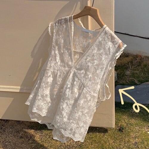 Sexy See Through Fashion Casual Slim Top Women White Lace Sleeveless V Neck Clothing Lady T Shirt 2021 Women Clothing
