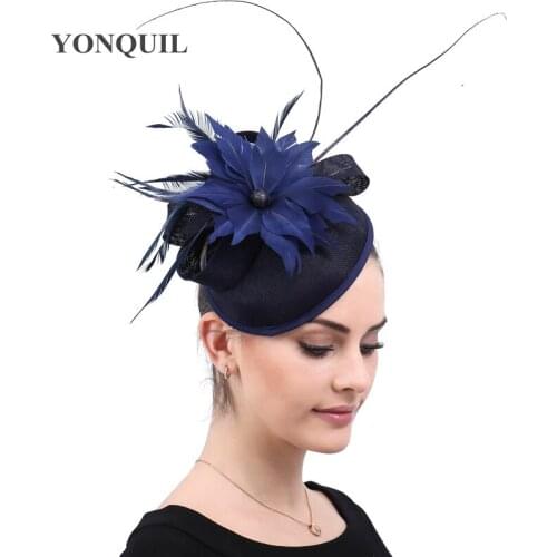 Navy Fashion Wedding Headwear Bride Elegant Fashion Fascinator Hat Feather Flower Party Chapeau Cap With Hair Clip Formal Fedora