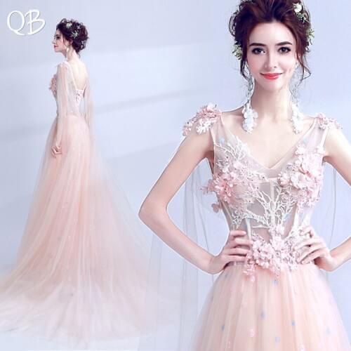 A-line V-neck Tulle Lace Flowers Elegant Simple Long Formal Evening Dresses Bride Banquet Party Prom Dress XK245