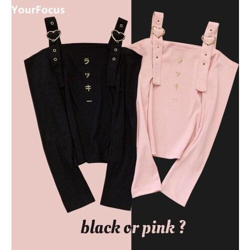Harajuku Y2k Clothes Korean Kpop Pink Black Heart Button Crop Tops Japanese Embroidery Punk Cropped Slash Neck Tops