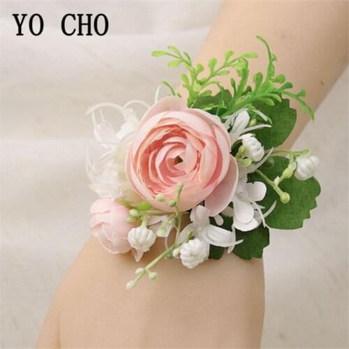 YO CHO Wedding Boutonnieres for Groomsmen Bride Wrist Corsage Flower Girl Bracelet Men Boutonniere Artificial Silk Rose Orchid
