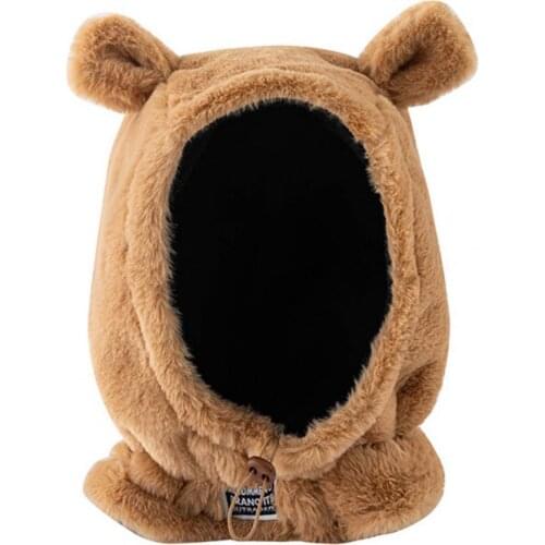Women Winter Cute Bear Ears Design Solid Color Windproof Warm Neck Scarf Cap Hat