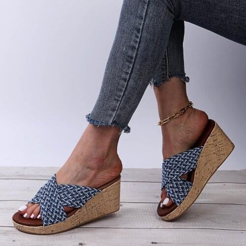 Womens Sandals Soft Bottom Casual and Comfortable Large Size Cross Strap Wedge Slippers and Sandalias Mujer Blue 2021 Sale New