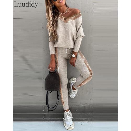Women Fashion Sequins Long Sleeve Top & High Waist Pants Set