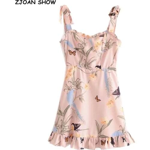 2021 Summer Pink Floral Print Women Dress Ruffles hem Tie Bow Strap Sleeveless Mini Dress Sexy Beach Holiday Vintage